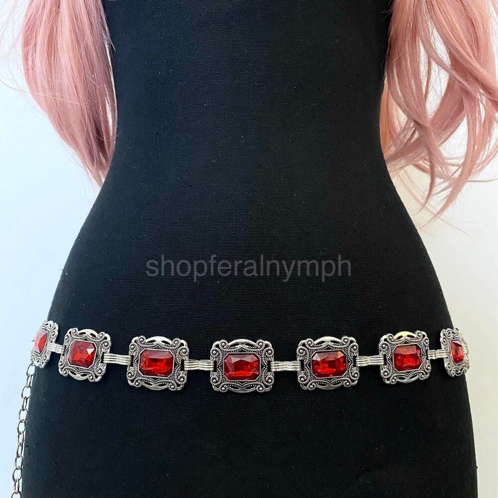 Silver Y2K Red Jewel Whimsygoth Waist Chain Belt, Fits 29 to 41 Inches, X7GA1440